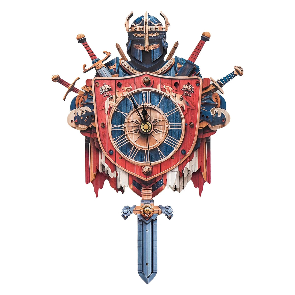 kaayee-knight-holz-puzzle-uhr-ritter-schild-schwert-pendel image 1