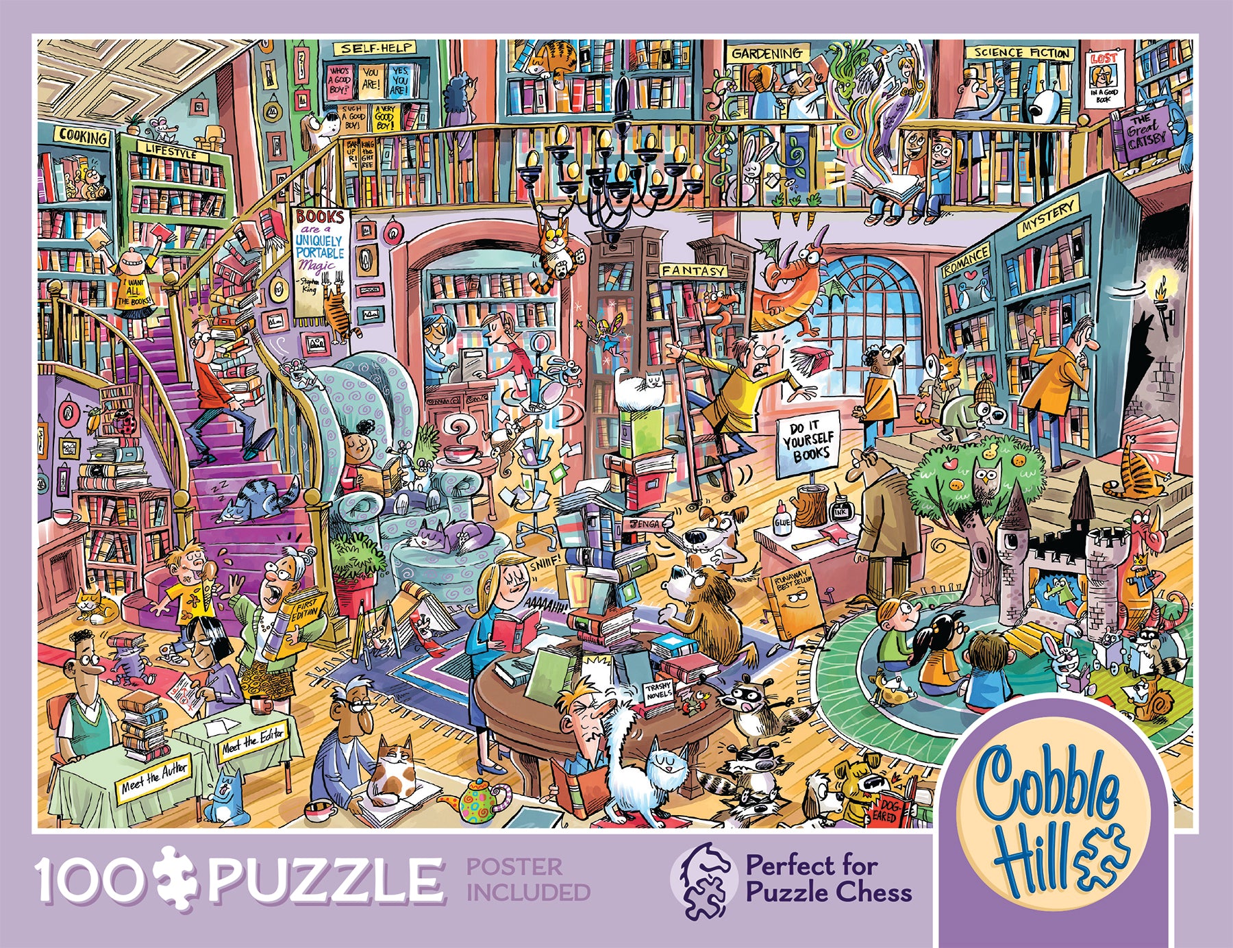 cobble-hill-100-piece-bookshop-bedlam-puzzle-b-cher-cartoon image 1