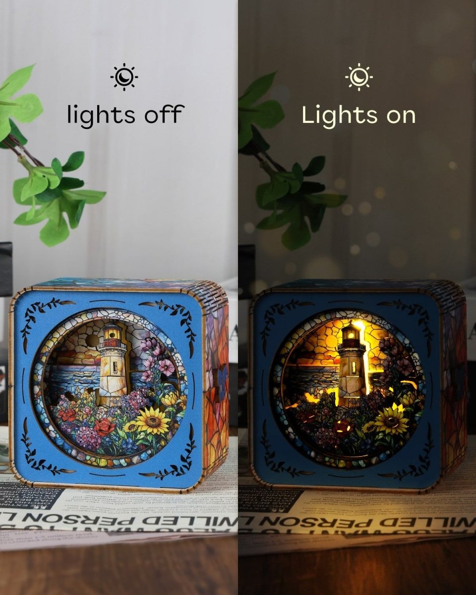 kaayee-night-light-leuchtturm-holz-puzzle-lampe-buntglas image 2