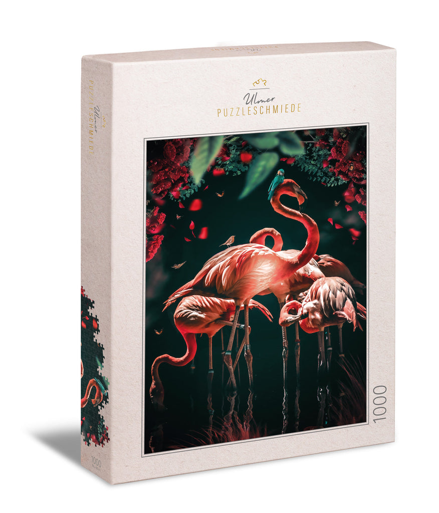 ulmer-puzzleschmiede-puzzle-1000-teile-flamingo-show-vogelpuzzle image 1