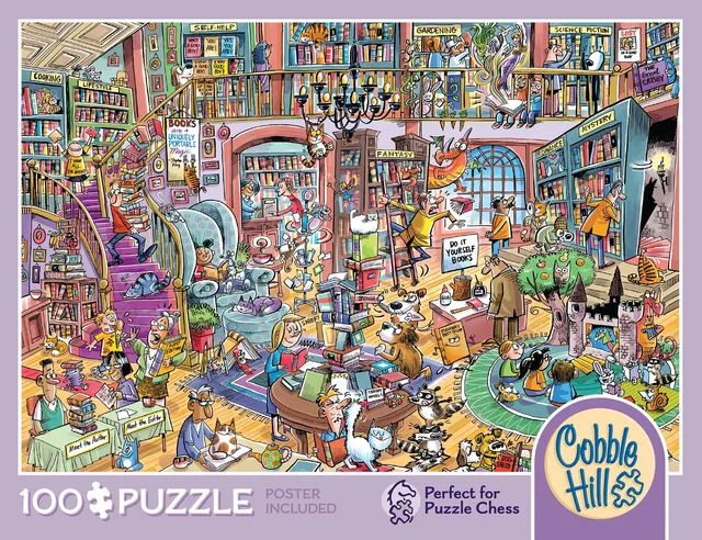 cobble-hill-100-piece-bookshop-bedlam-puzzle-b-cher-cartoon image 1