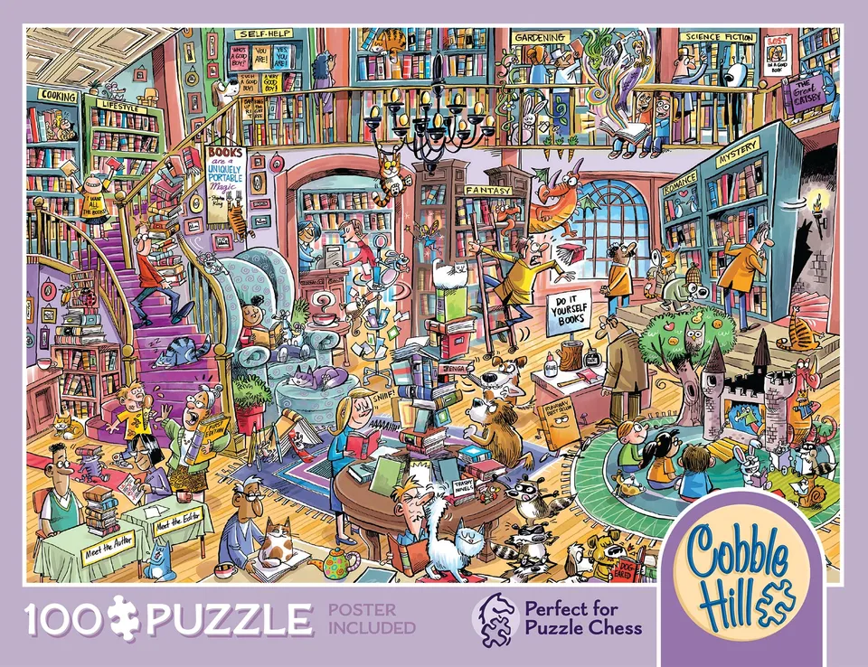 cobble-hill-100-piece-bookshop-bedlam-puzzle-b-cher-cartoon image 1