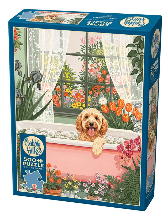 cobble-hill-bloom-and-bubbles-puzzle-500-teile-hund-badewanne image 1