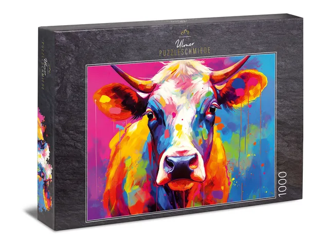 ulmer-puzzleschmiede-buntes-muh-puzzle-1000-teile-kuh-portrait image 1