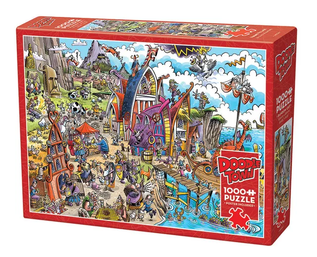 cobble-hill-1000-piece-doodletown-viking-village-puzzle-1000-teile-lustig image 1