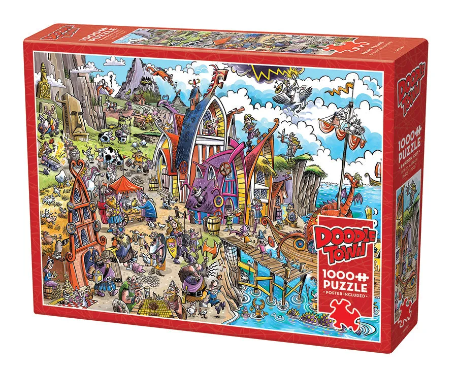 cobble-hill-1000-piece-doodletown-viking-village-puzzle-1000-teile-lustig image 1