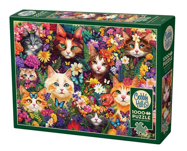 cobble-hill-1000-piece-blooming-whiskers-puzzle-katzen-blumen image 1
