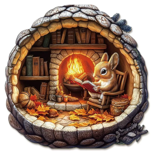 kaayee-bunny-in-the-booklight-holzpuzzle-medium-hase-am-kamin image 1
