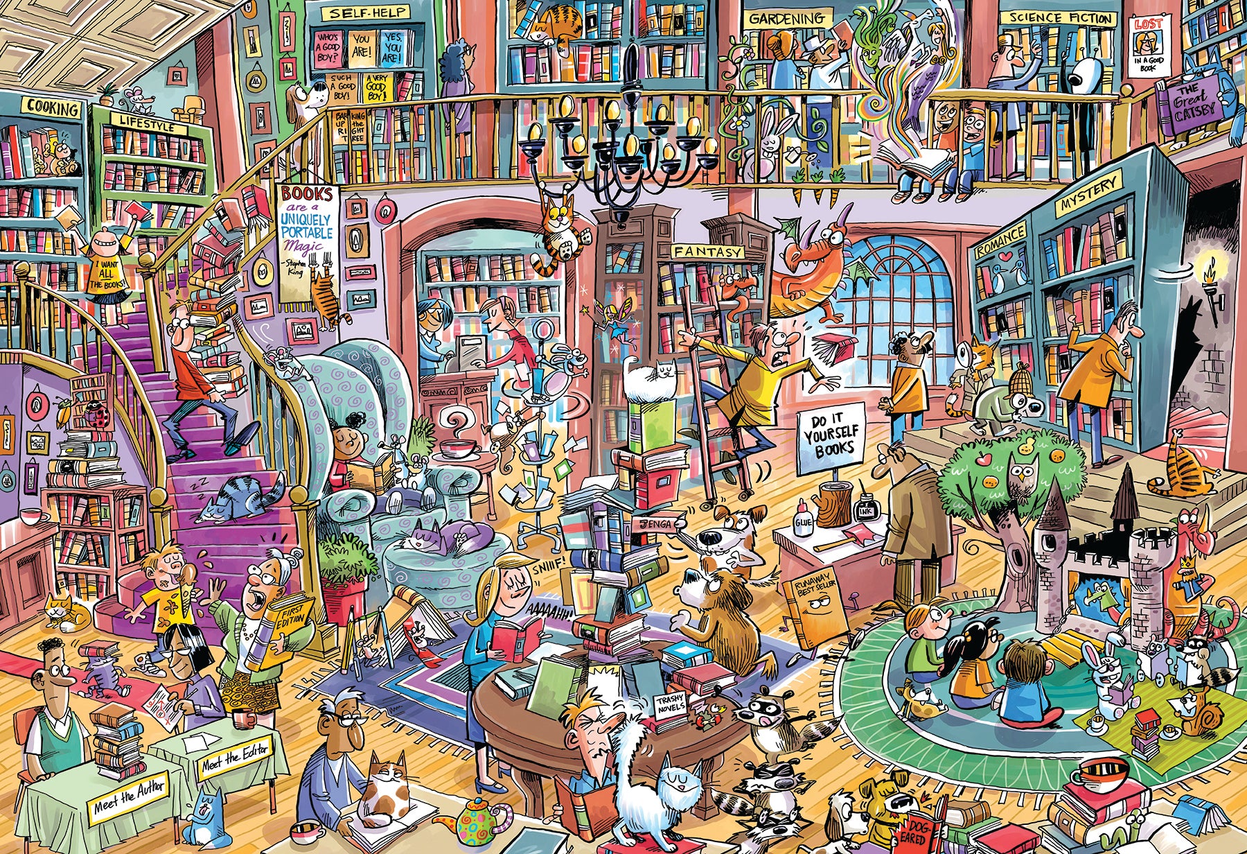 cobble-hill-100-piece-bookshop-bedlam-puzzle-b-cher-cartoon image 2