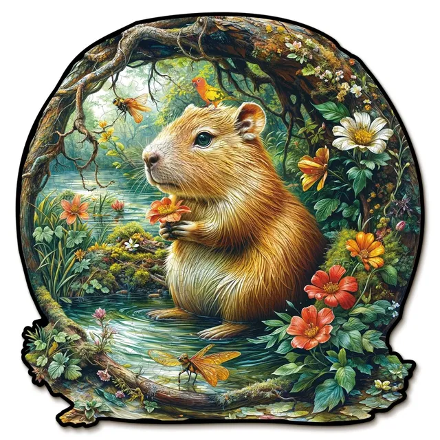 kaayee-wooden-puzzle-capybara-holzpuzzle-m-teich-blumen image 1