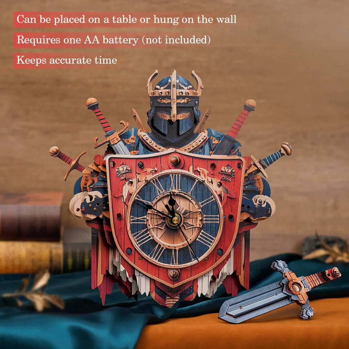 kaayee-knight-holz-puzzle-uhr-ritter-schild-schwert-pendel image 2