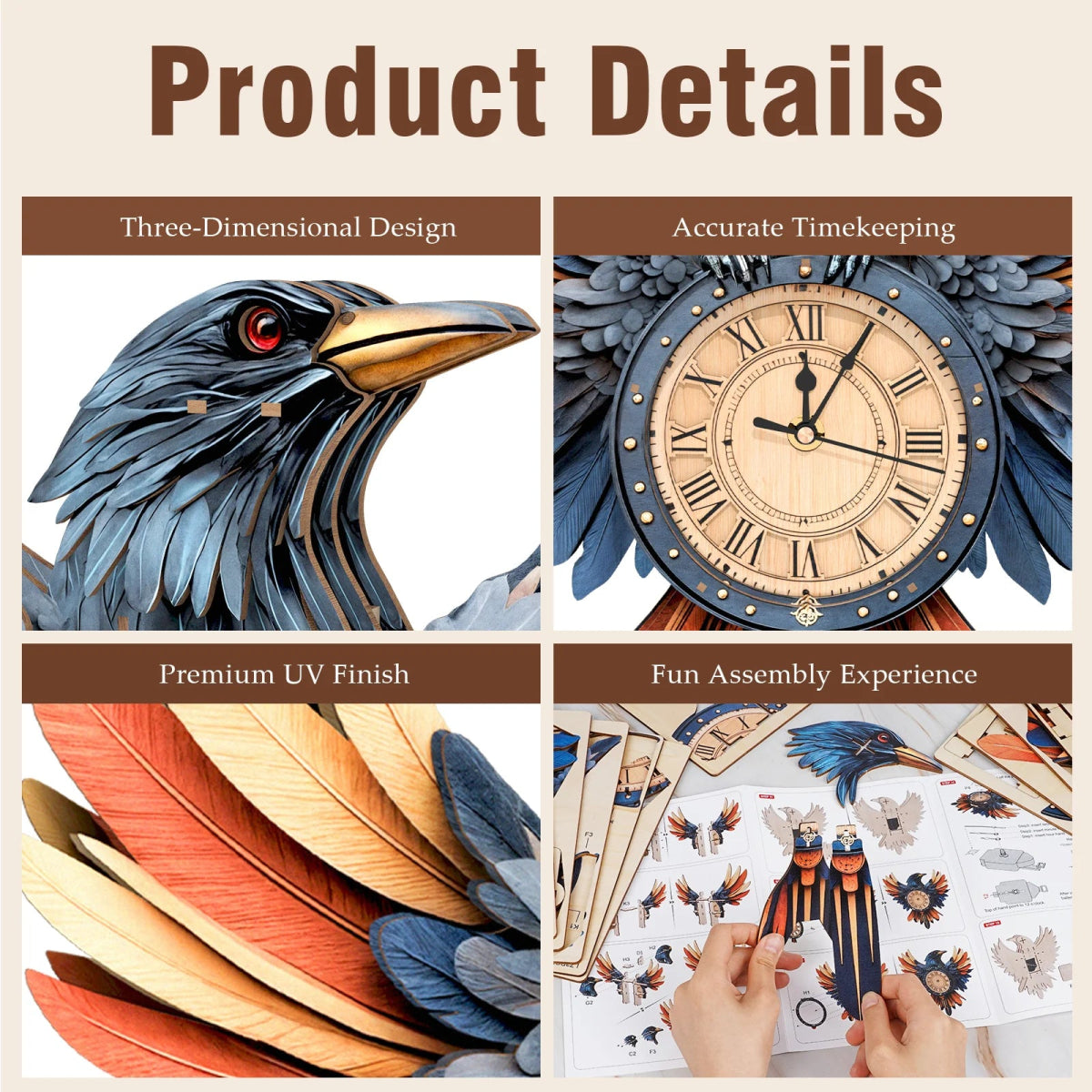 kaayee-clock-kit-raven-3d-holzpuzzle-uhr-mit-pendel image 3