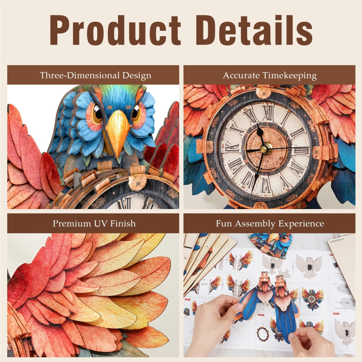 kaayee-clock-kit-papagei-3d-holzpuzzle-uhr-mit-pendel image 4