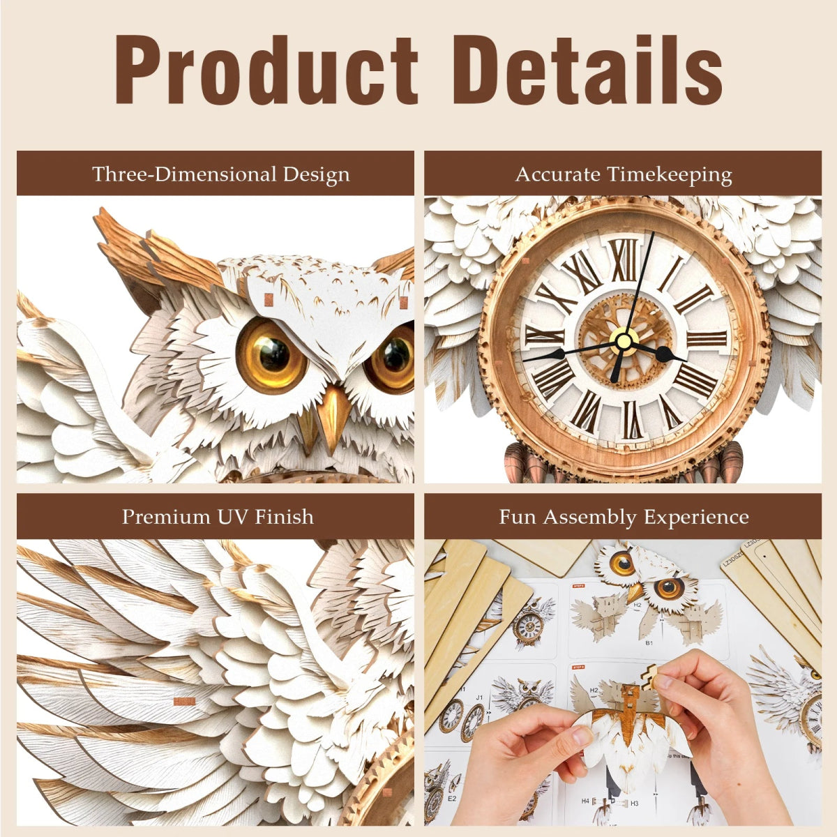 kaayee-clock-kit-snowy-owl-wanduhr-holz-3d-puzzle image 3