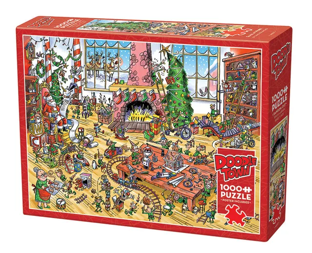 cobble-hill-1000-piece-doodletown-elves-at-work-puzzle-weihnachten image 1