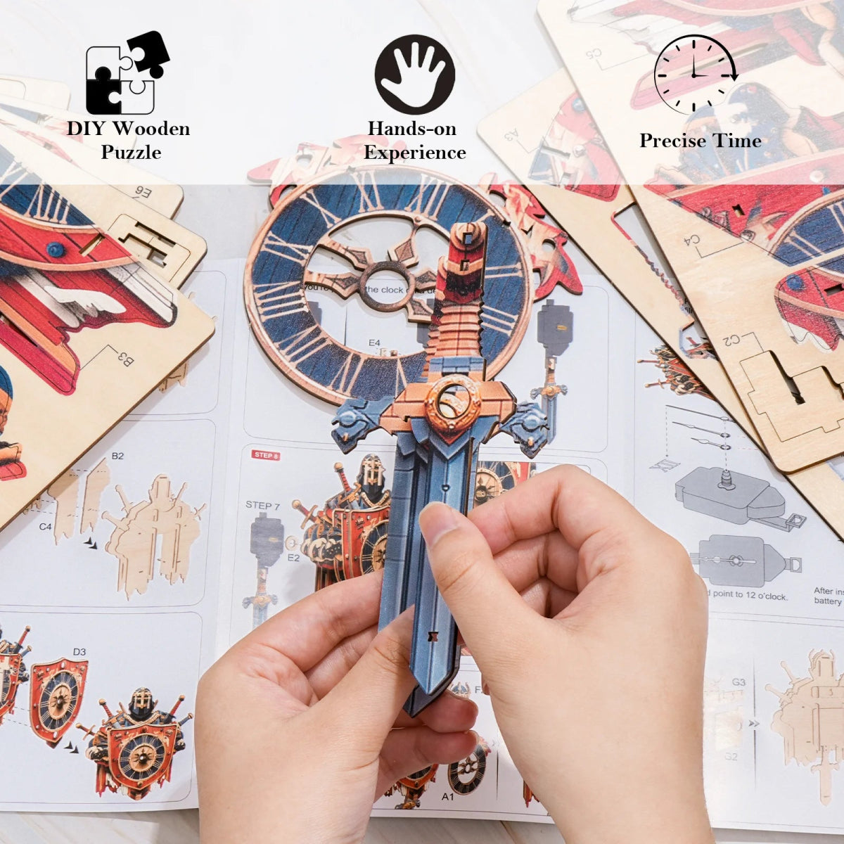 kaayee-knight-holz-puzzle-uhr-ritter-schild-schwert-pendel image 4