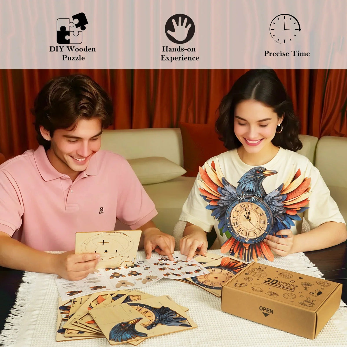 kaayee-clock-kit-raven-3d-holzpuzzle-uhr-mit-pendel image 4